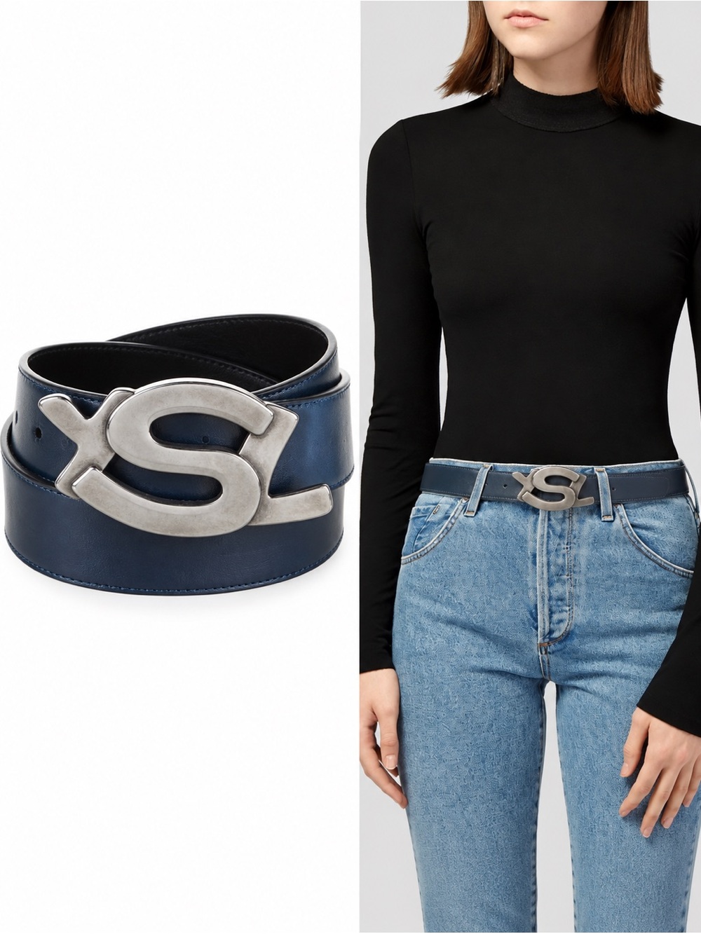 YSL Navy Leather Belt with Silver 'YSL' Buckle